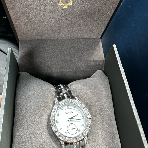 Bulova Silver and White Watch with Crystal Details - Picture 1 of 3